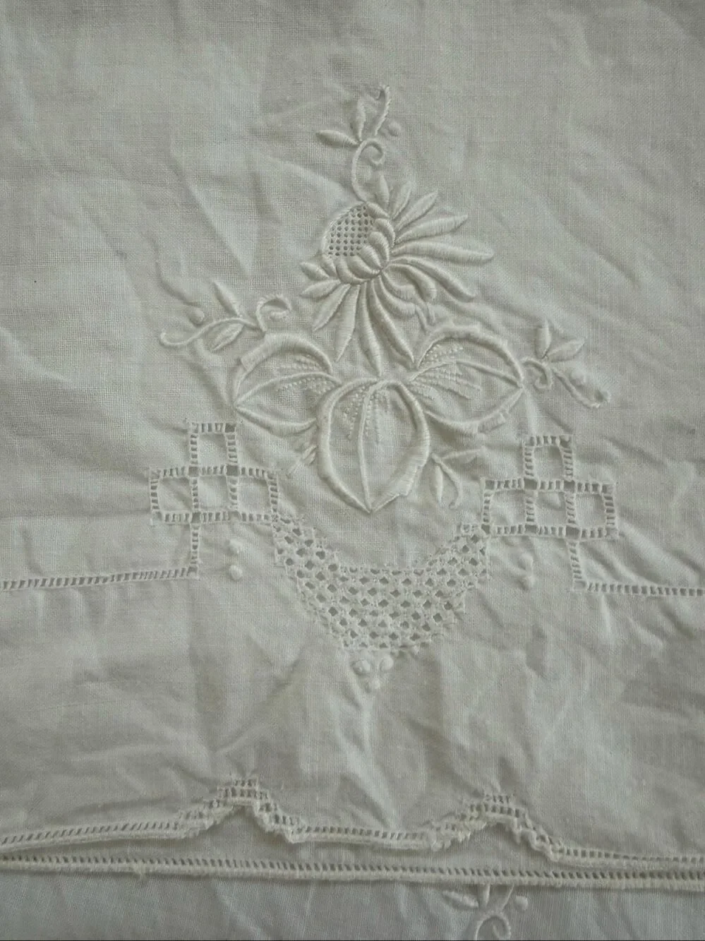 2 Vintage Queen Size Pillowcases Tonal Embroidered Floral Hemstitch Edge